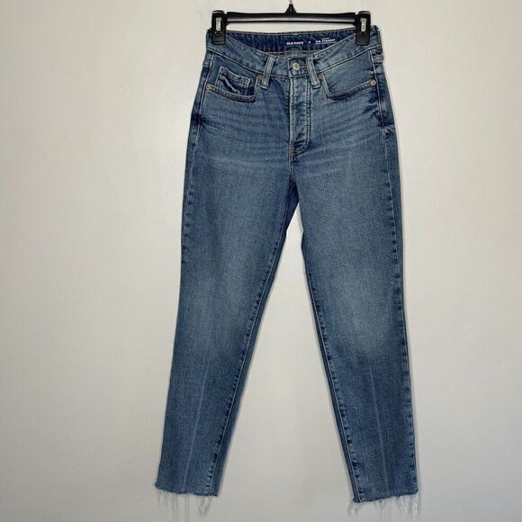 OLD NAVY Jeans Womens 0 OG Straight High Rise Button Fly Medium Wash Distressed - Picture 1 of 10